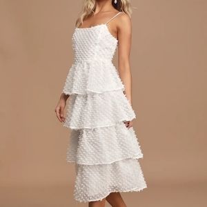 White Tiered Pom Pom Midi Dress